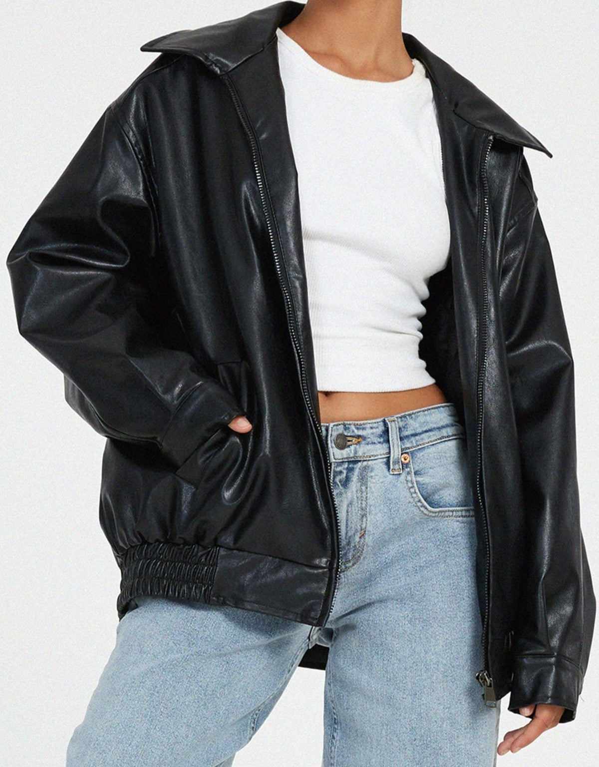 Women's Oversized Faux Leather Bomber Jacket