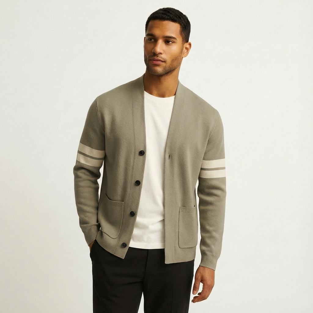 Classic Merino Men’s Cardigan with Stripe Sleeves