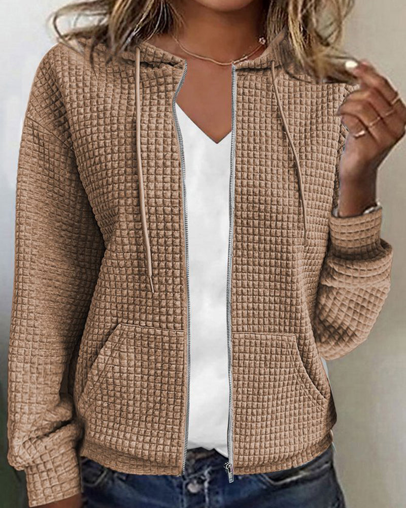 Casual Long Sleeve Textured Zip-Up Hoodie