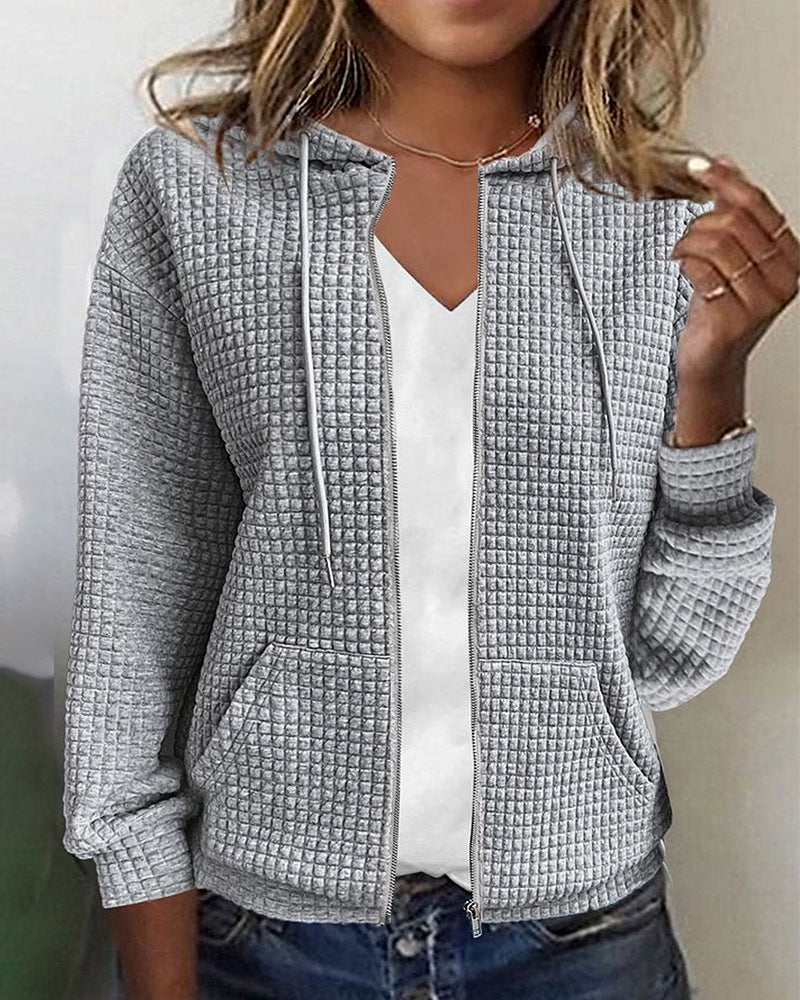 Casual Long Sleeve Textured Zip-Up Hoodie