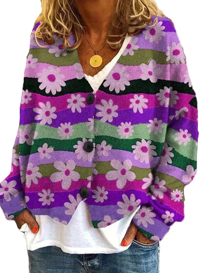 Women’s Floral Stripe Button-Up Cardigan with V-Neck Design