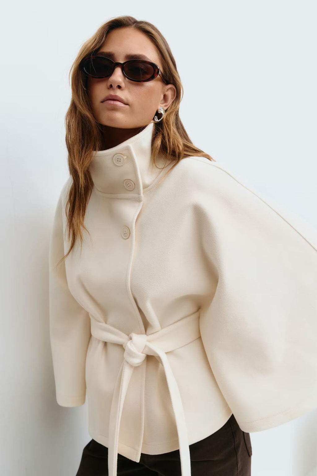 Women's High Neck Belted Cape Jacket