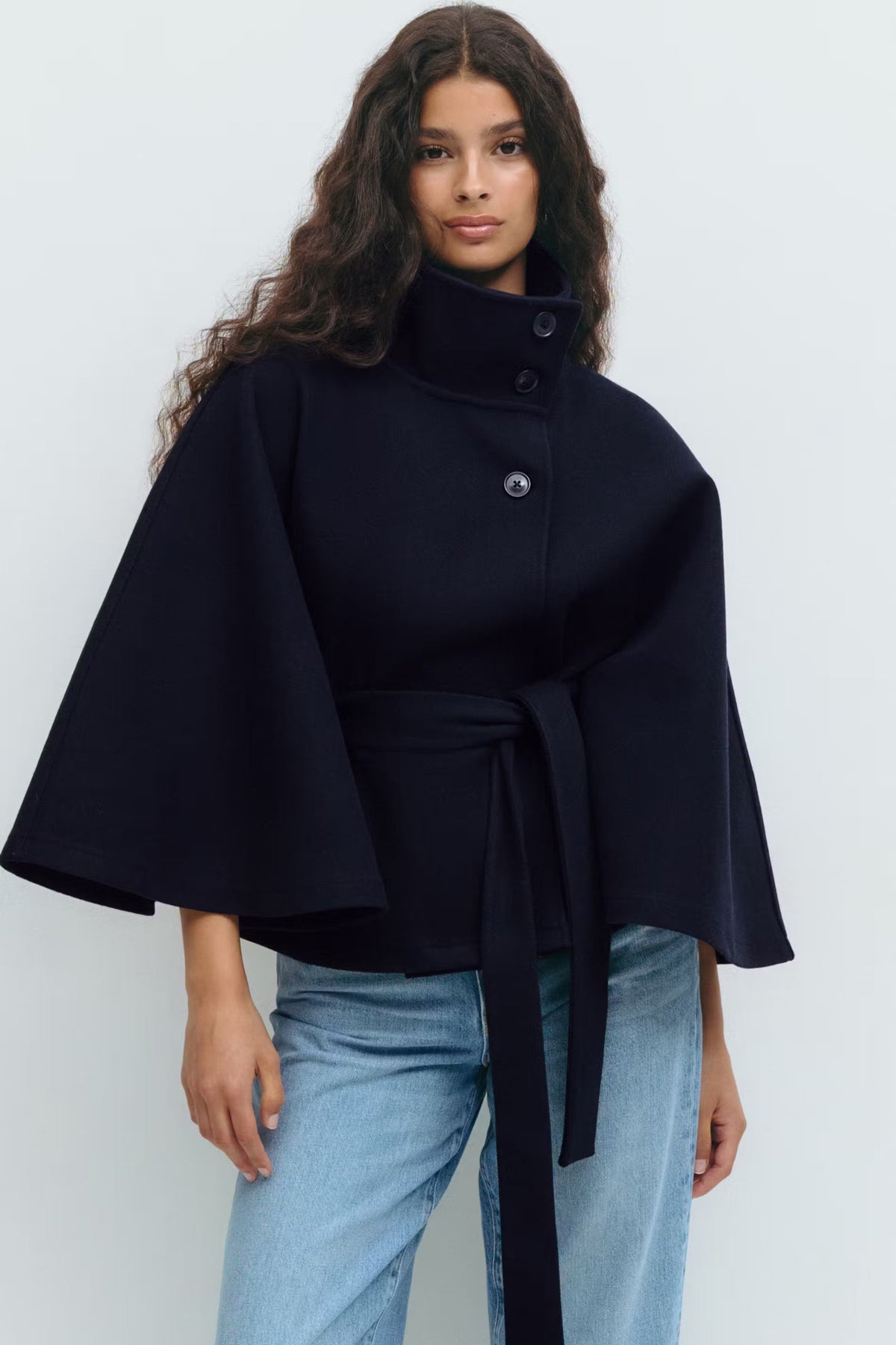 Women's High Neck Belted Cape Jacket