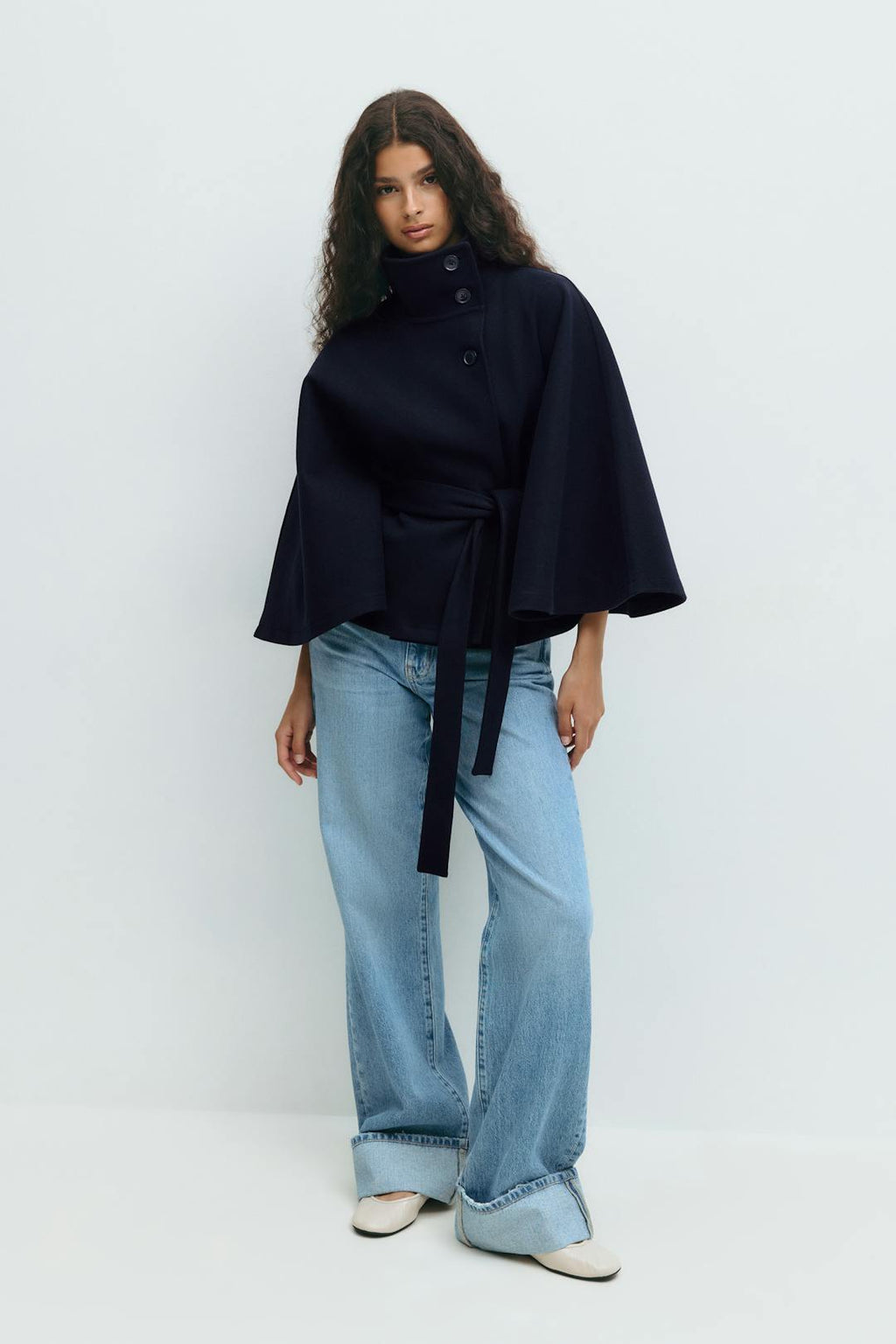 Women's High Neck Belted Cape Jacket