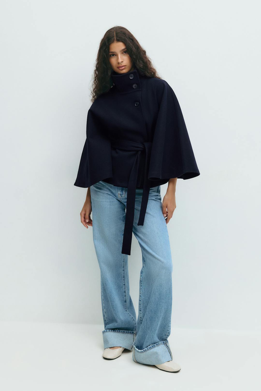Women's High Neck Belted Cape Jacket