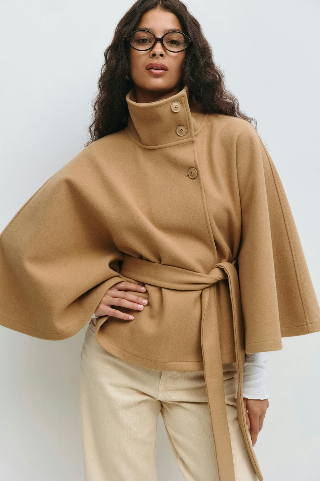 Women's High Neck Belted Cape Jacket