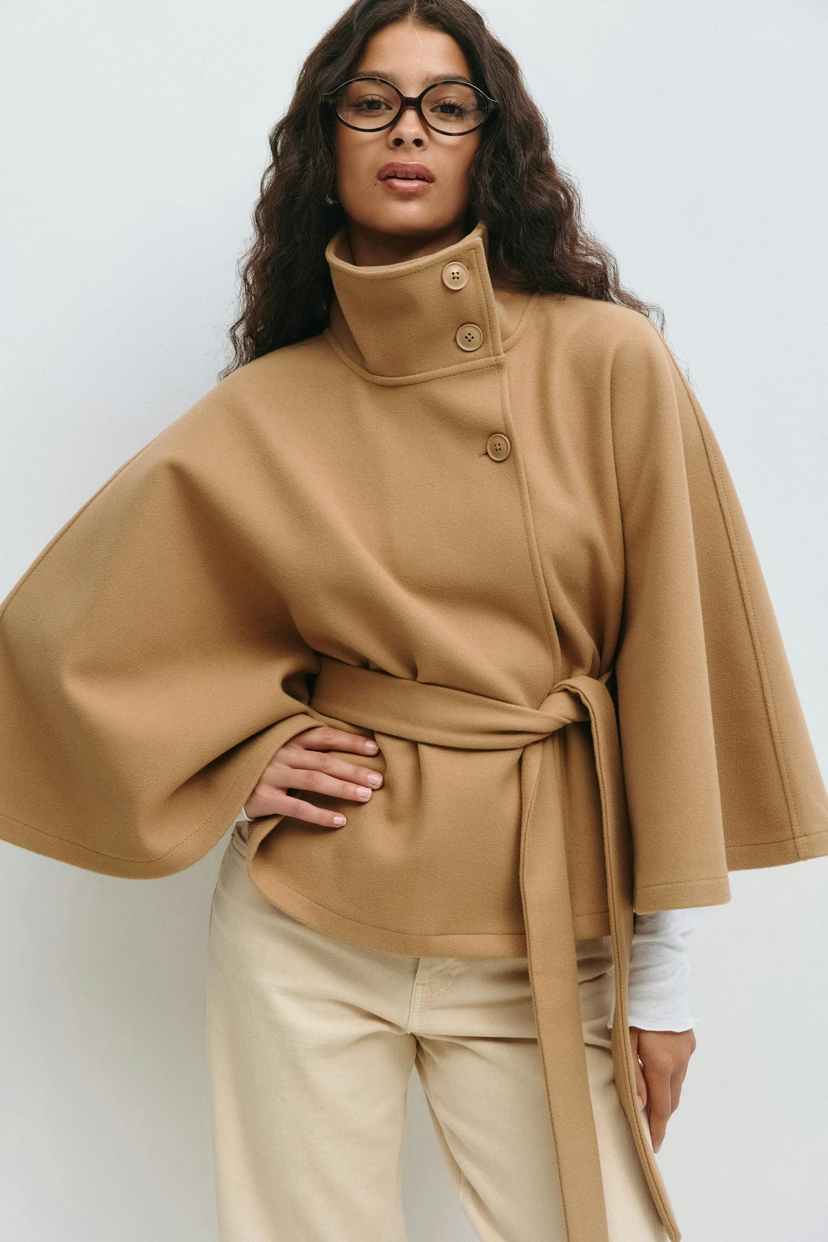 Women's High Neck Belted Cape Jacket