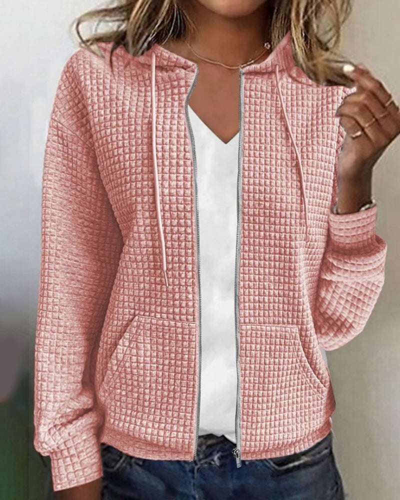 Casual Long Sleeve Textured Zip-Up Hoodie
