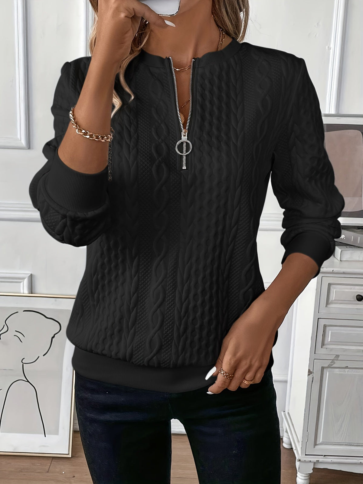 Women's Modern Cable Knit Sweater with Zip Collar