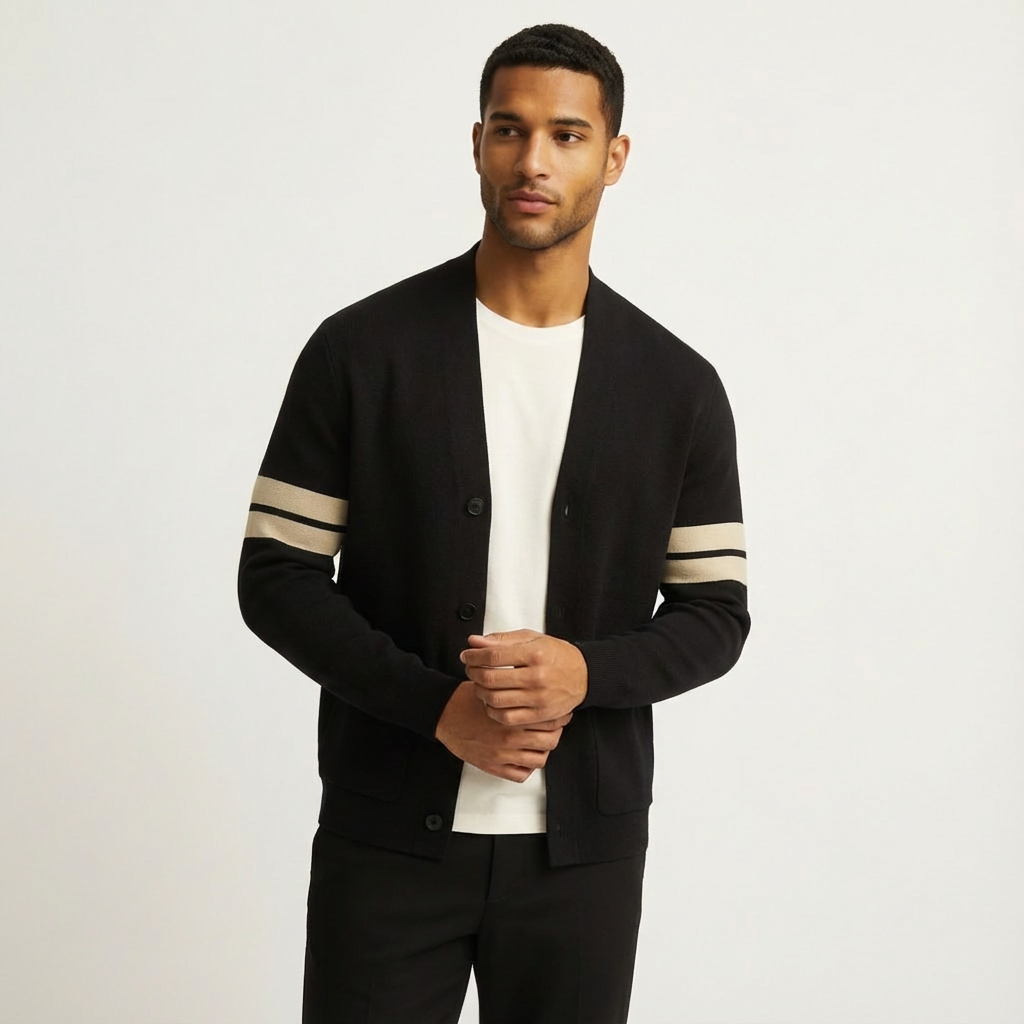 Classic Merino Men’s Cardigan with Stripe Sleeves