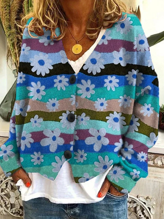 Women’s Floral Stripe Button-Up Cardigan with V-Neck Design