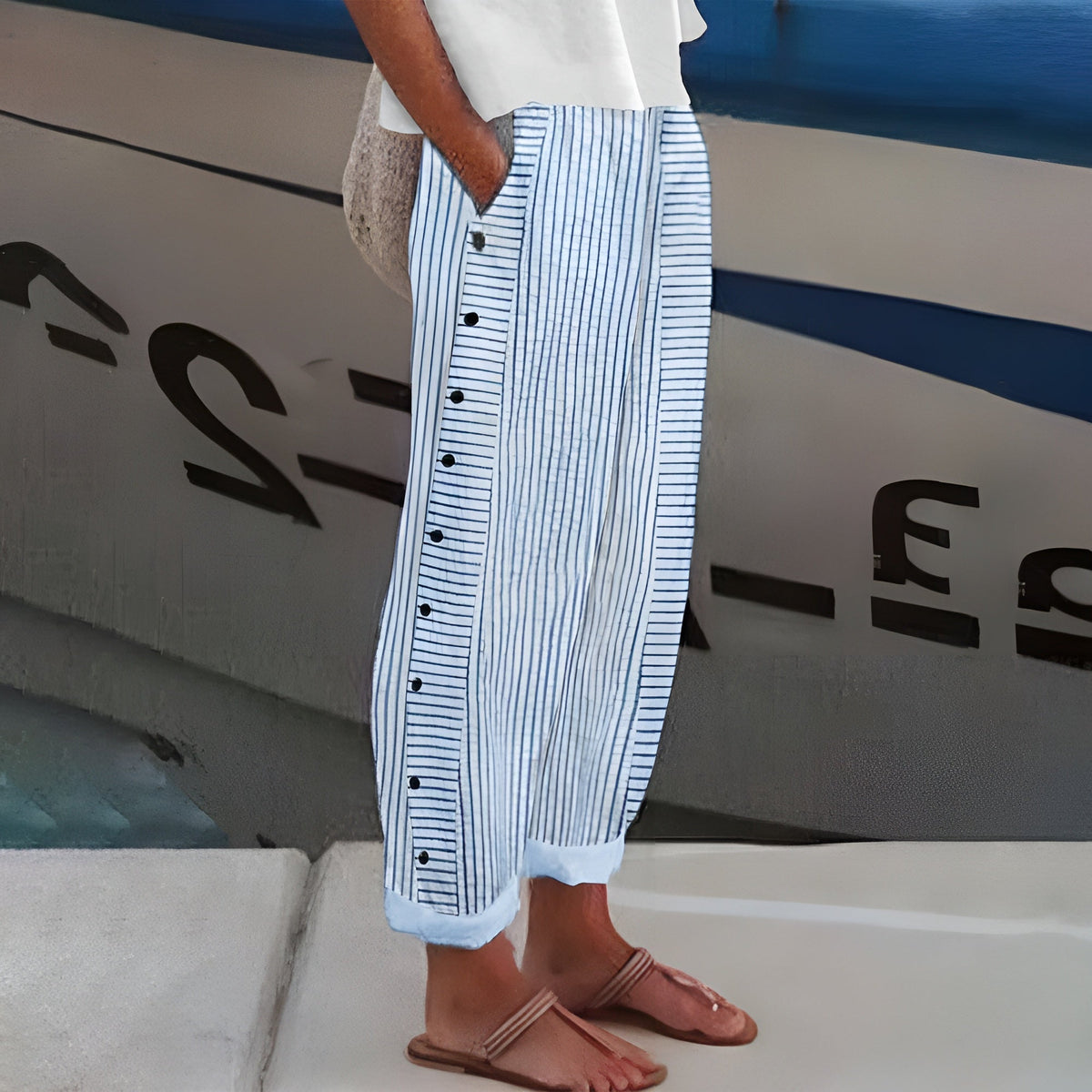 Women's Striped Wide Leg Pants with Button Detail
