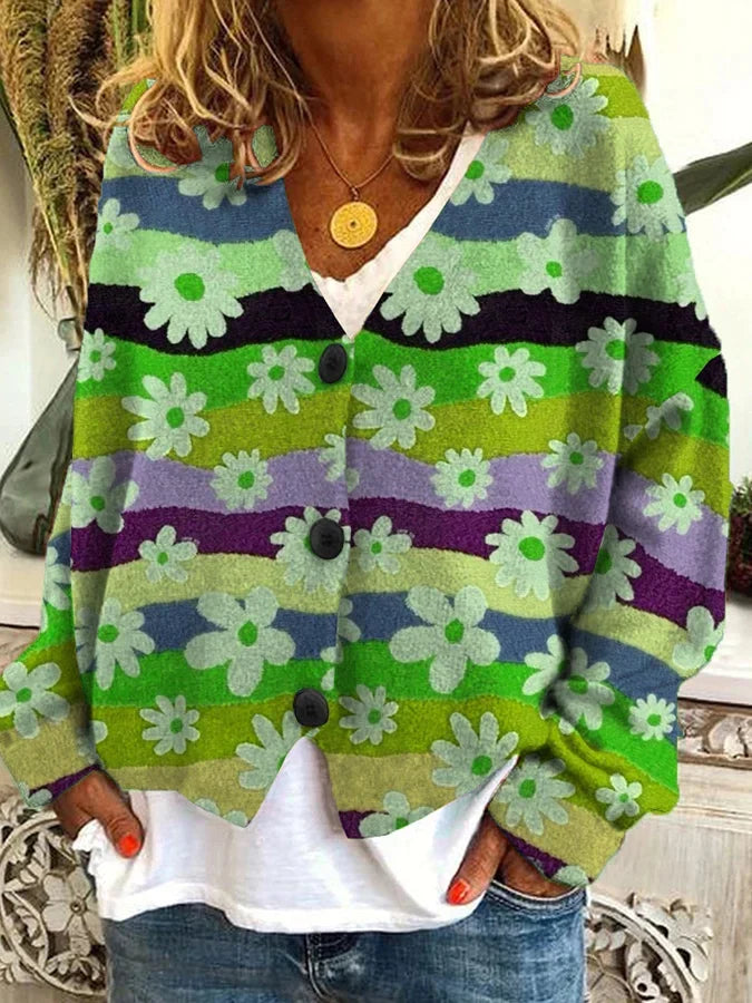 Women’s Floral Stripe Button-Up Cardigan with V-Neck Design