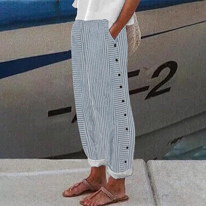 Women's Striped Button-Detail Relaxed Trousers