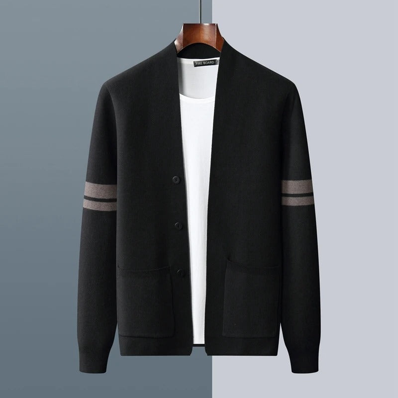 Classic Merino Men’s Cardigan with Stripe Sleeves