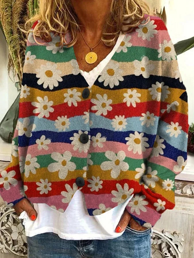 Women’s Floral Stripe Button-Up Cardigan with V-Neck Design