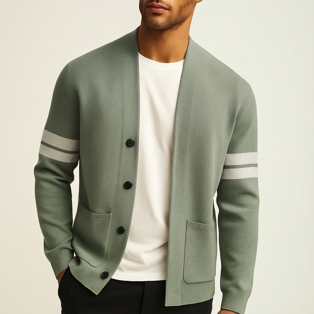 Classic Merino Men’s Cardigan with Stripe Sleeves