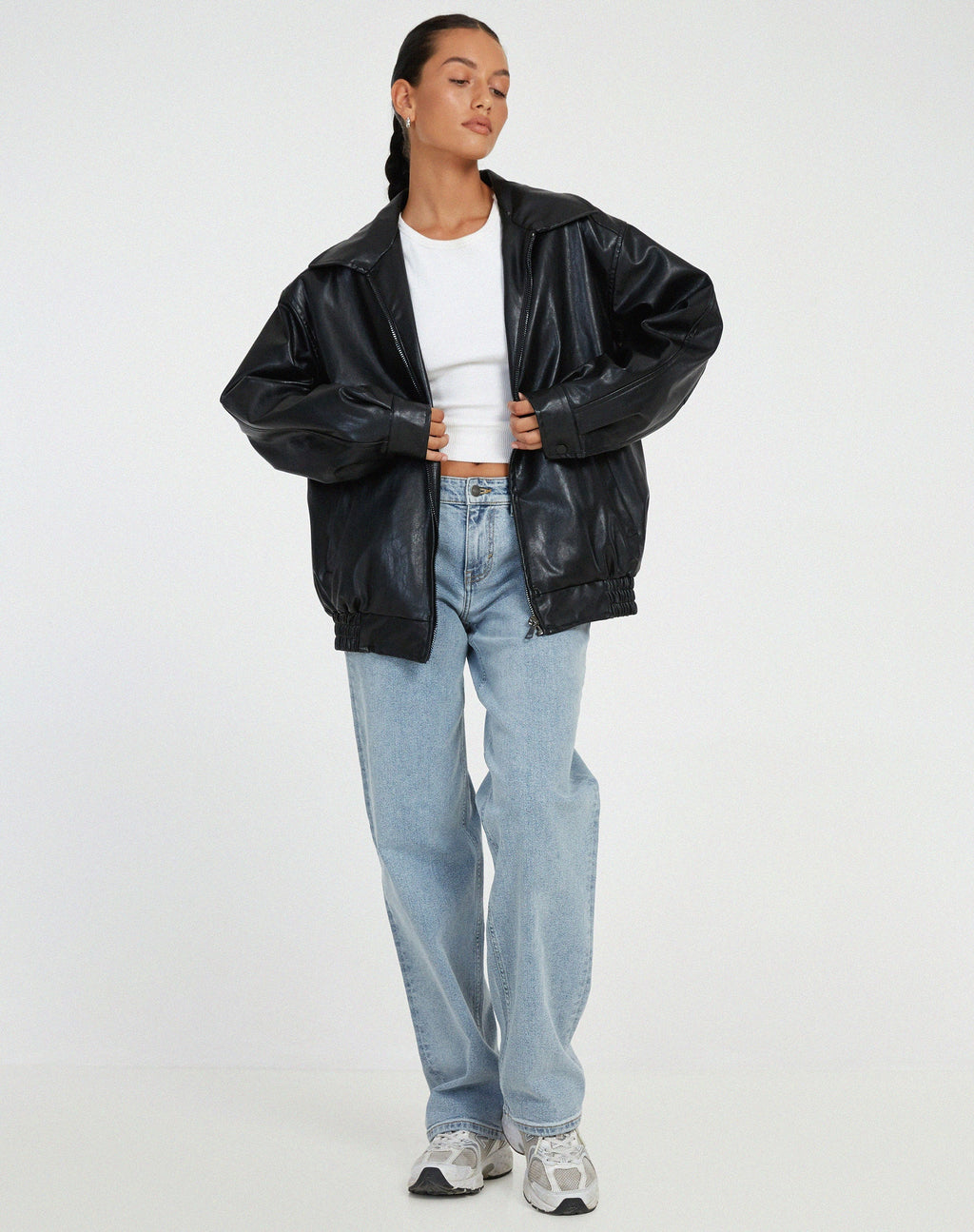 Women's Oversized Faux Leather Bomber Jacket
