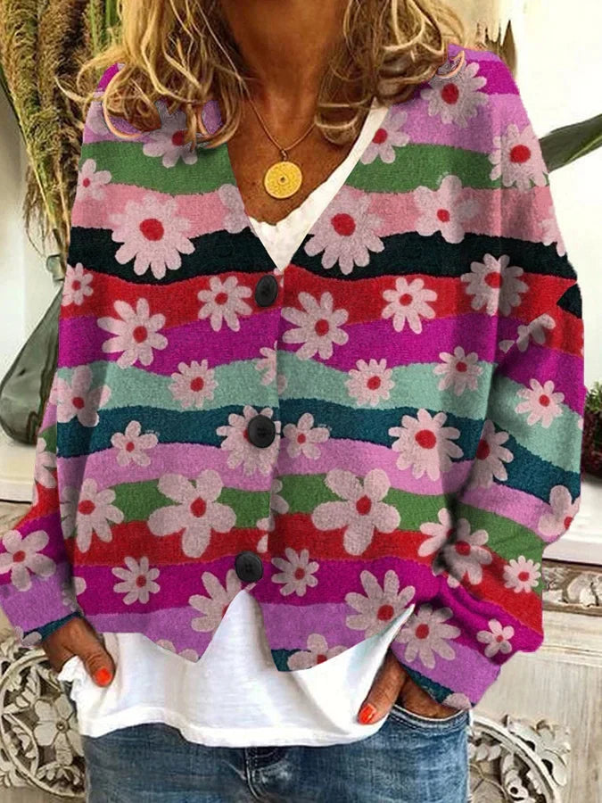 Women’s Floral Stripe Button-Up Cardigan with V-Neck Design