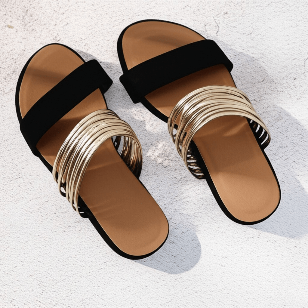 Flat Slide Sandals with Metallic Multi-Strap Design