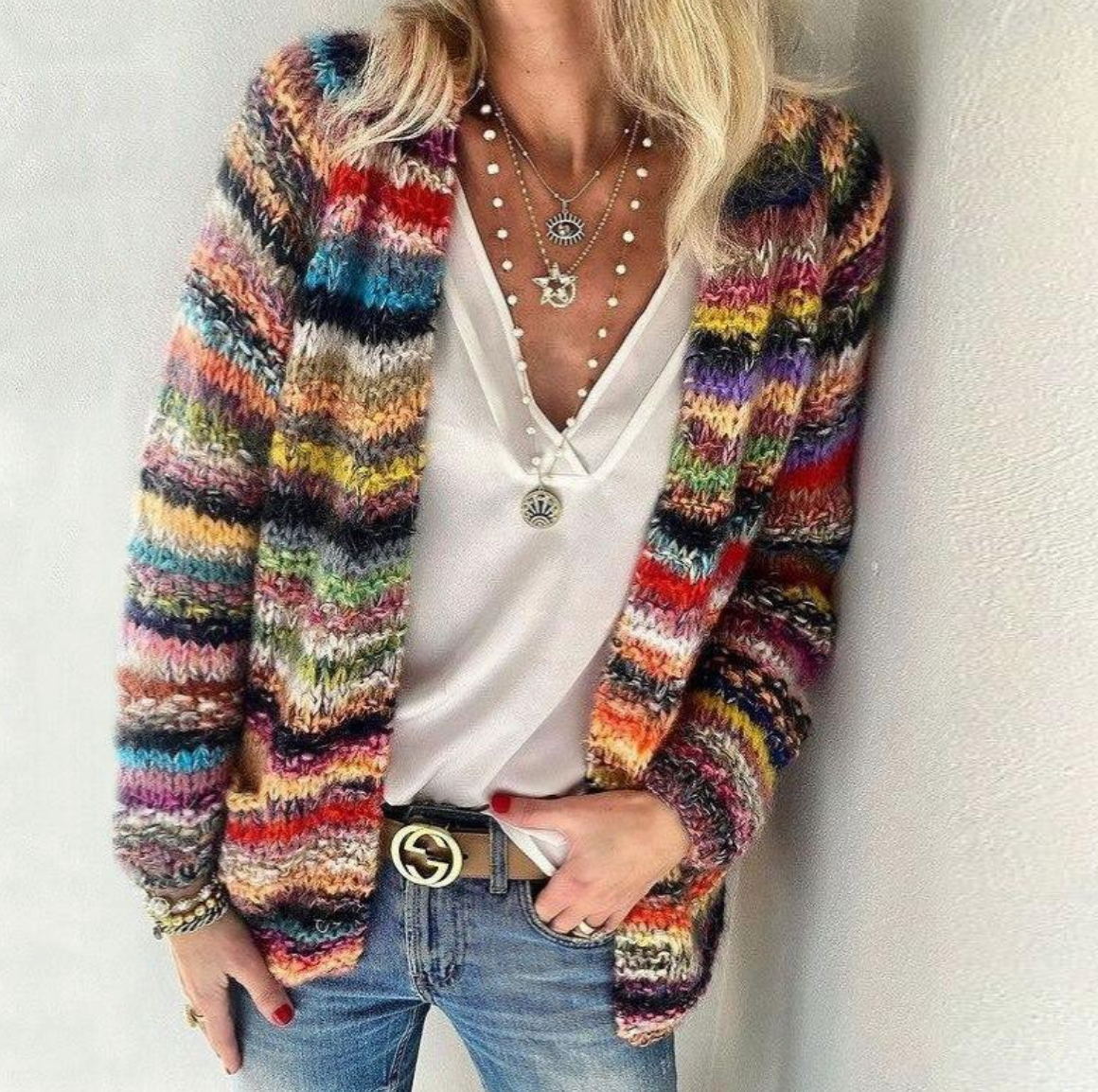 Women's Multicolor Striped Open Front Knit Cardigan