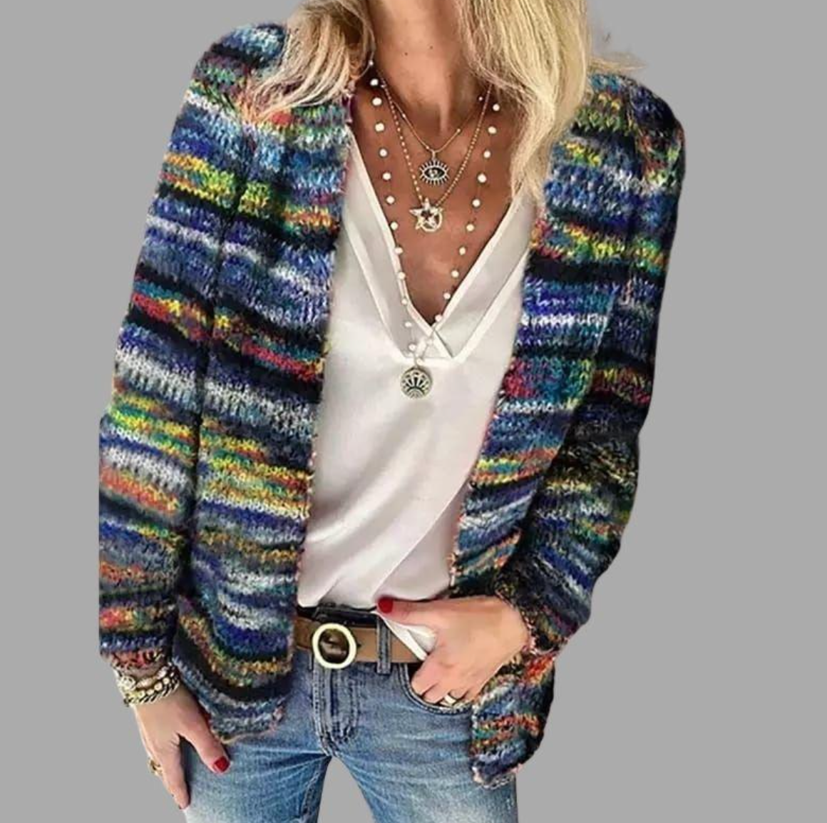 Women's Multicolor Striped Open Front Knit Cardigan