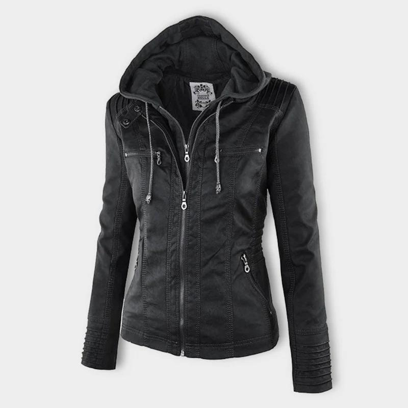 Women's Hooded Faux Leather Moto Jacket