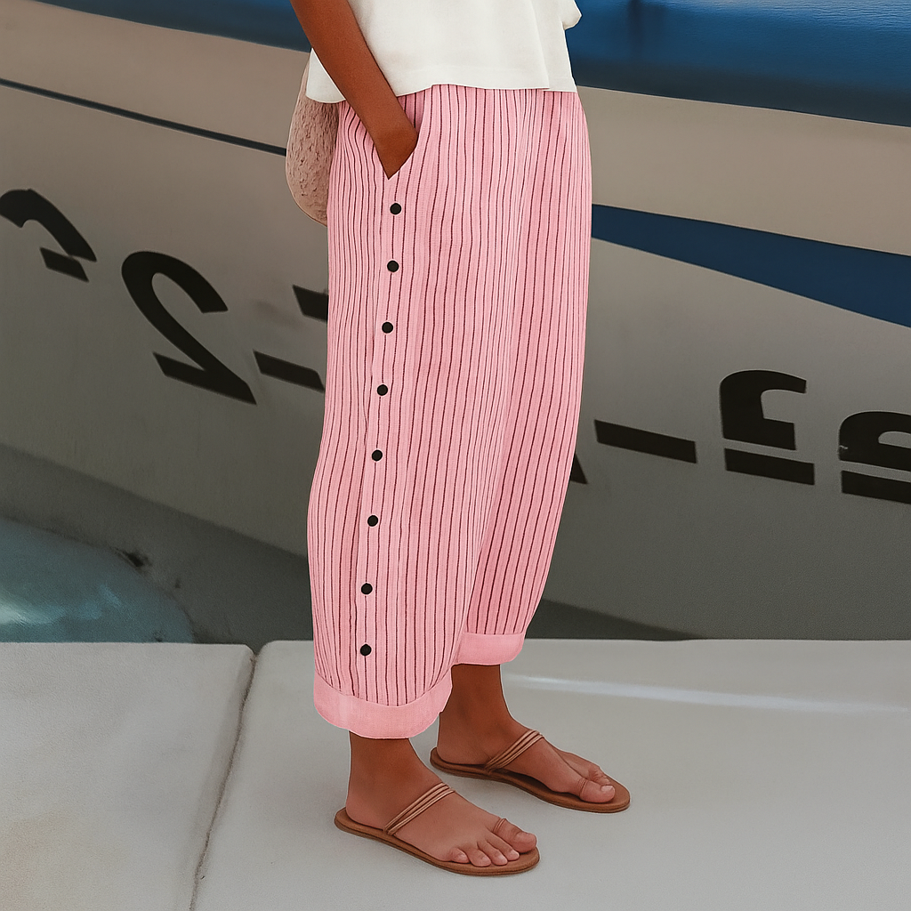 Women's Stripe Panel Trousers with Button Detail