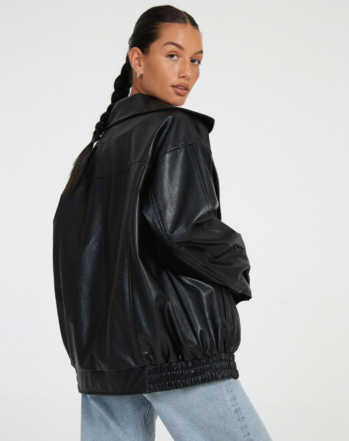 Women's Oversized Faux Leather Bomber Jacket