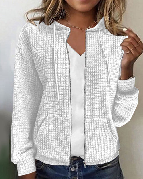 Casual Long Sleeve Textured Zip-Up Hoodie