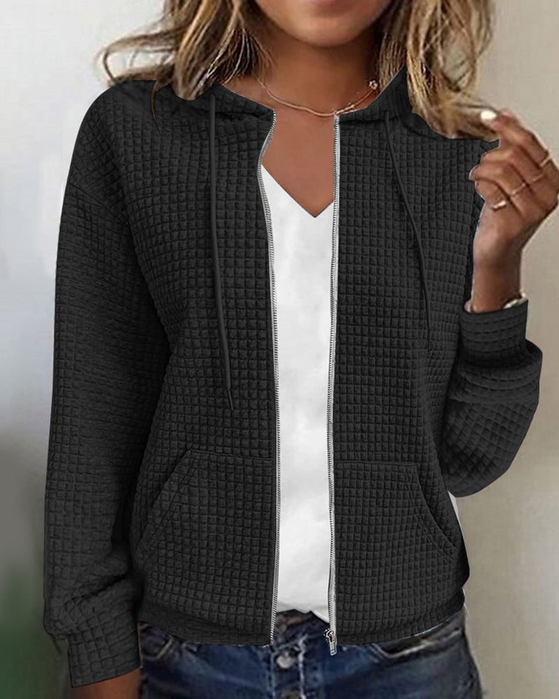 Casual Long Sleeve Textured Zip-Up Hoodie