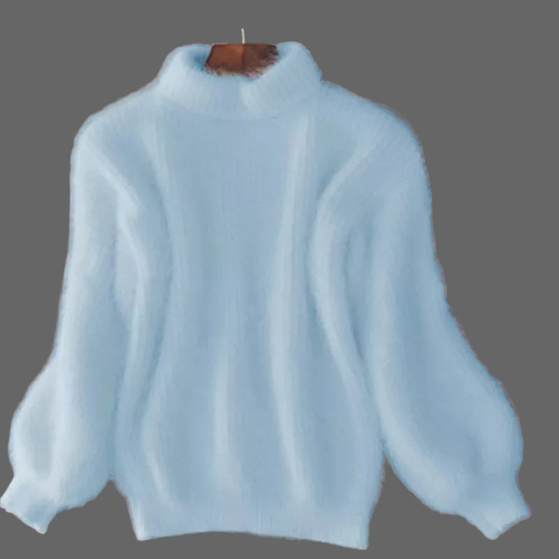 Women's Fuzzy Mock Neck Lantern Sleeve Knit Sweater