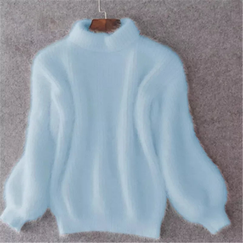 Women's Fuzzy Mock Neck Lantern Sleeve Knit Sweater