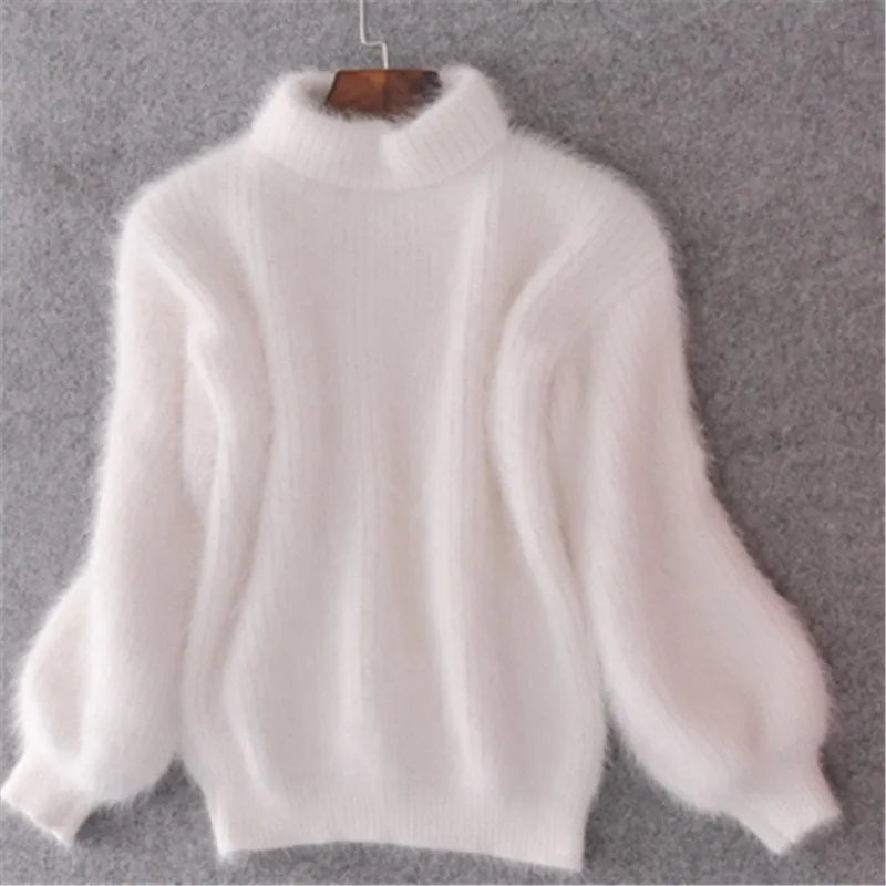 Women's Fuzzy Mock Neck Lantern Sleeve Knit Sweater