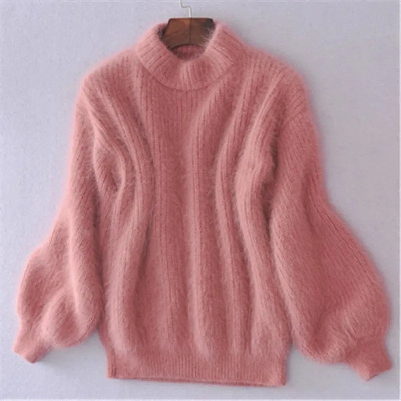 Women's Fuzzy Mock Neck Lantern Sleeve Knit Sweater