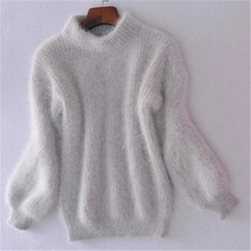 Women's Fuzzy Mock Neck Lantern Sleeve Knit Sweater