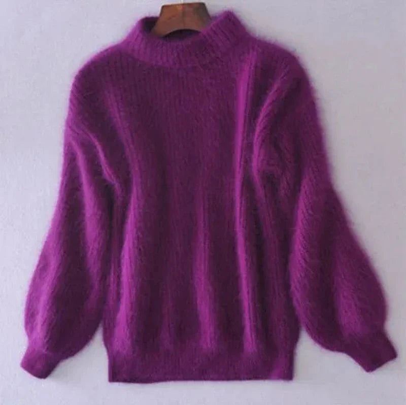 Women's Fuzzy Mock Neck Lantern Sleeve Knit Sweater