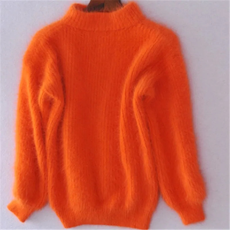 Women's Fuzzy Mock Neck Lantern Sleeve Knit Sweater