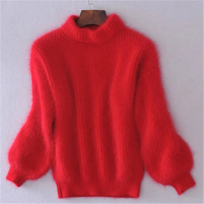 Women's Fuzzy Mock Neck Lantern Sleeve Knit Sweater