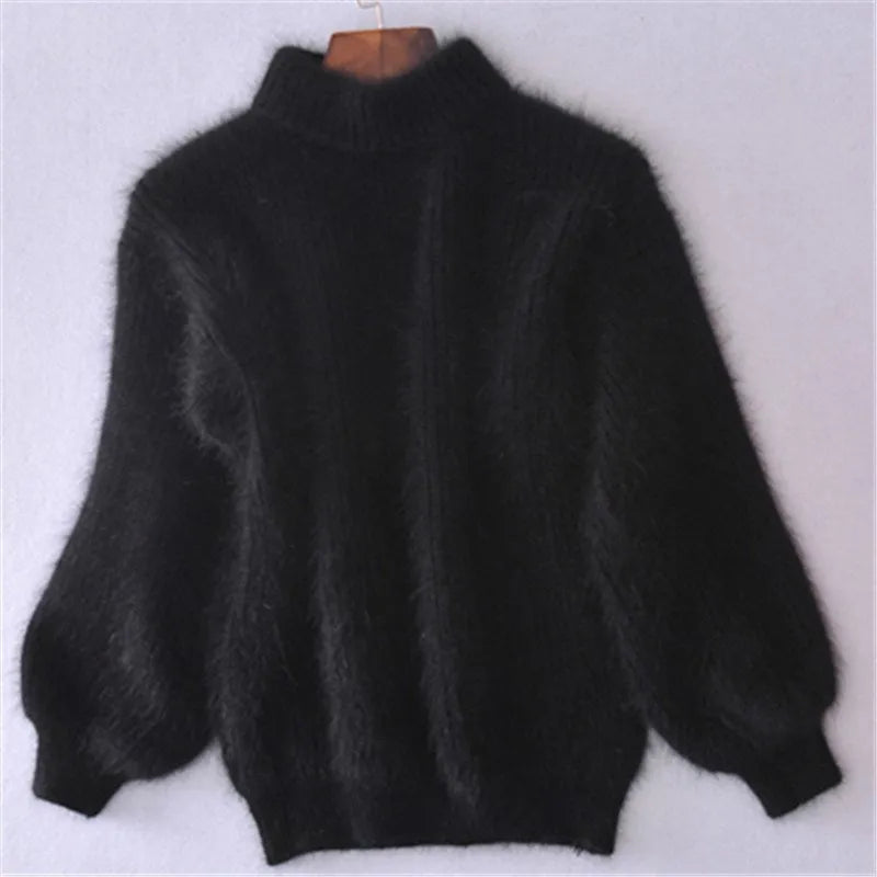Women's Fuzzy Mock Neck Lantern Sleeve Knit Sweater