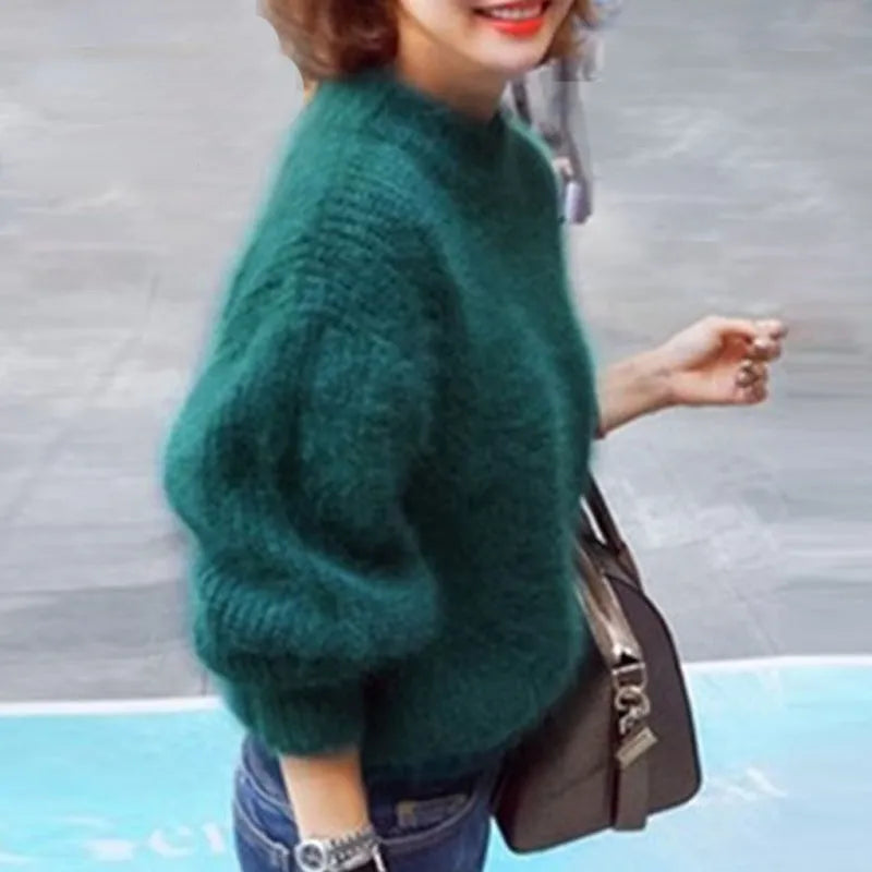 Women's Fuzzy Mock Neck Lantern Sleeve Knit Sweater