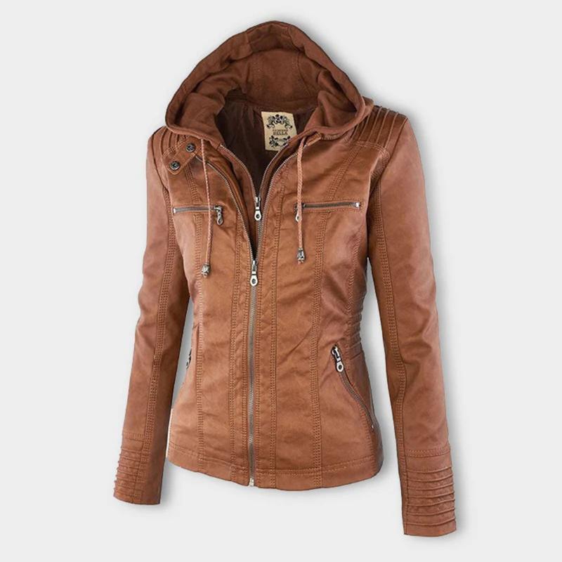 Women's Hooded Faux Leather Moto Jacket