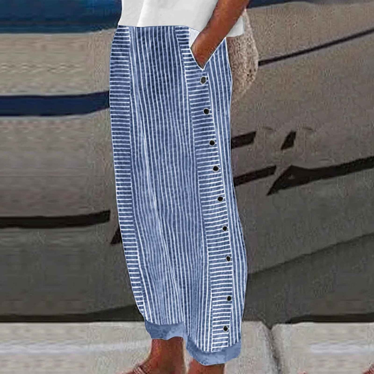 Women's Striped Button-Detail Relaxed Trousers
