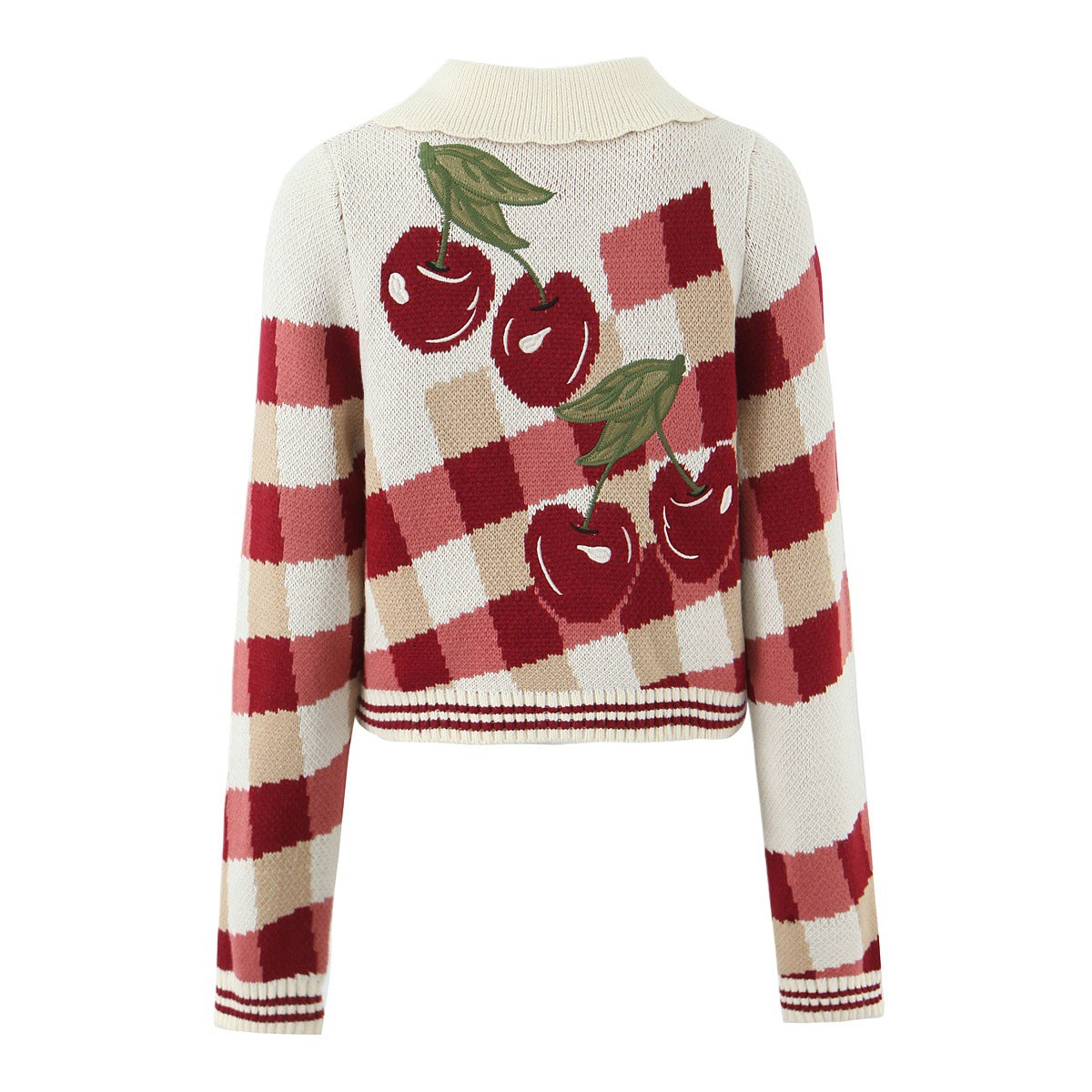 Women's Cropped Knitted Cardigan with Cherry Blossom Floral Pattern