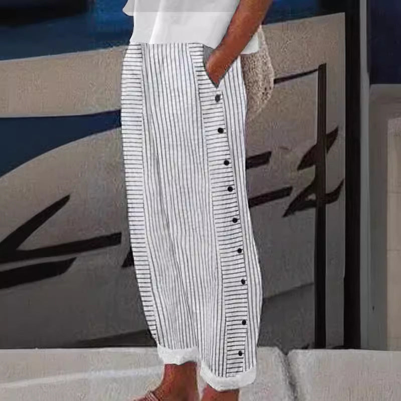 Women's Striped Button-Detail Relaxed Trousers