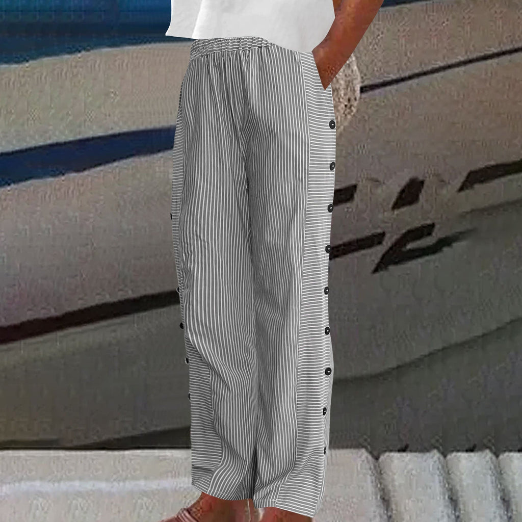 Women's Striped Button-Detail Relaxed Trousers