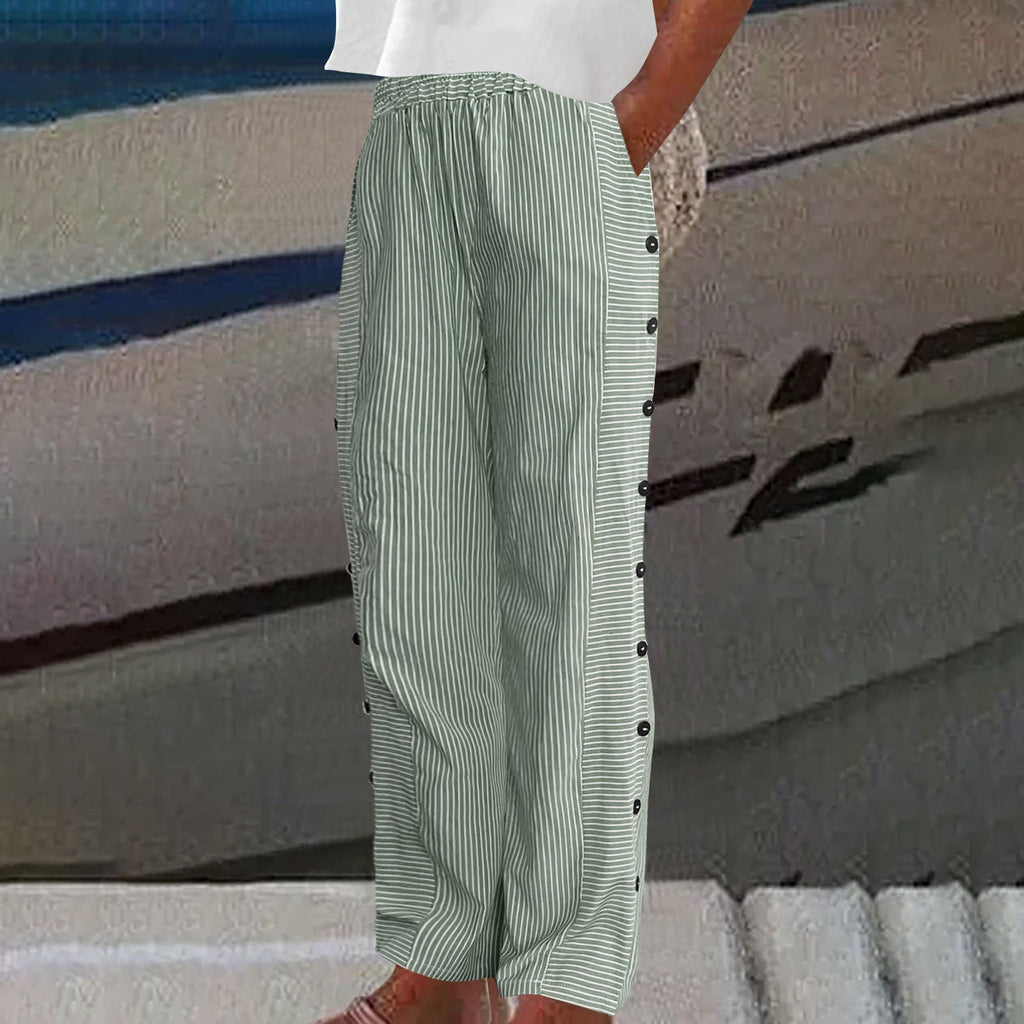 Women's Striped Button-Detail Relaxed Trousers