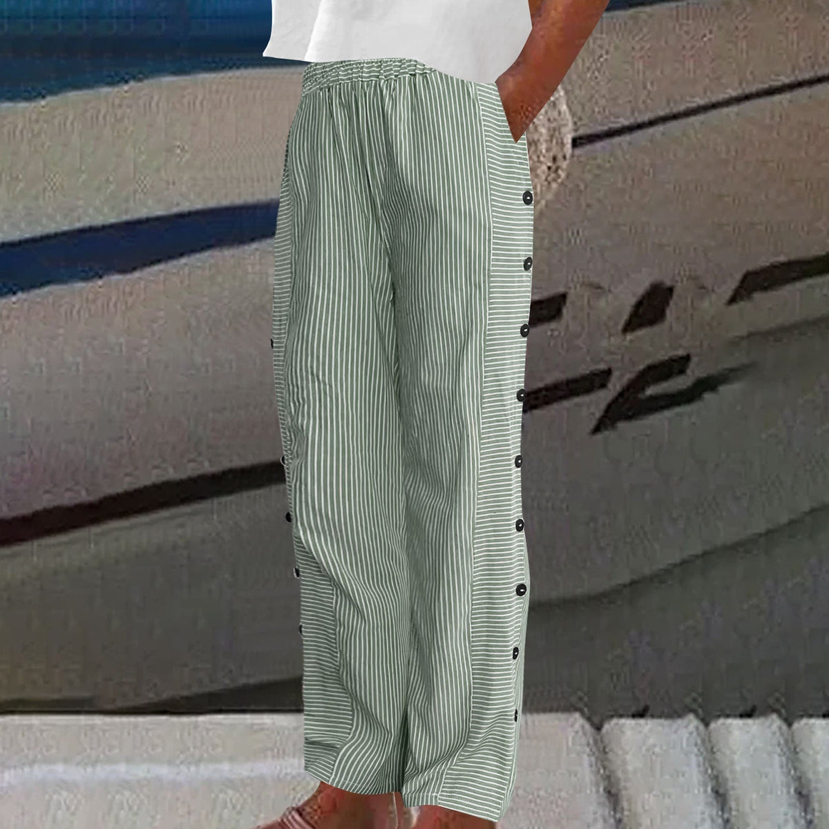 Women's Striped Button-Detail Relaxed Trousers