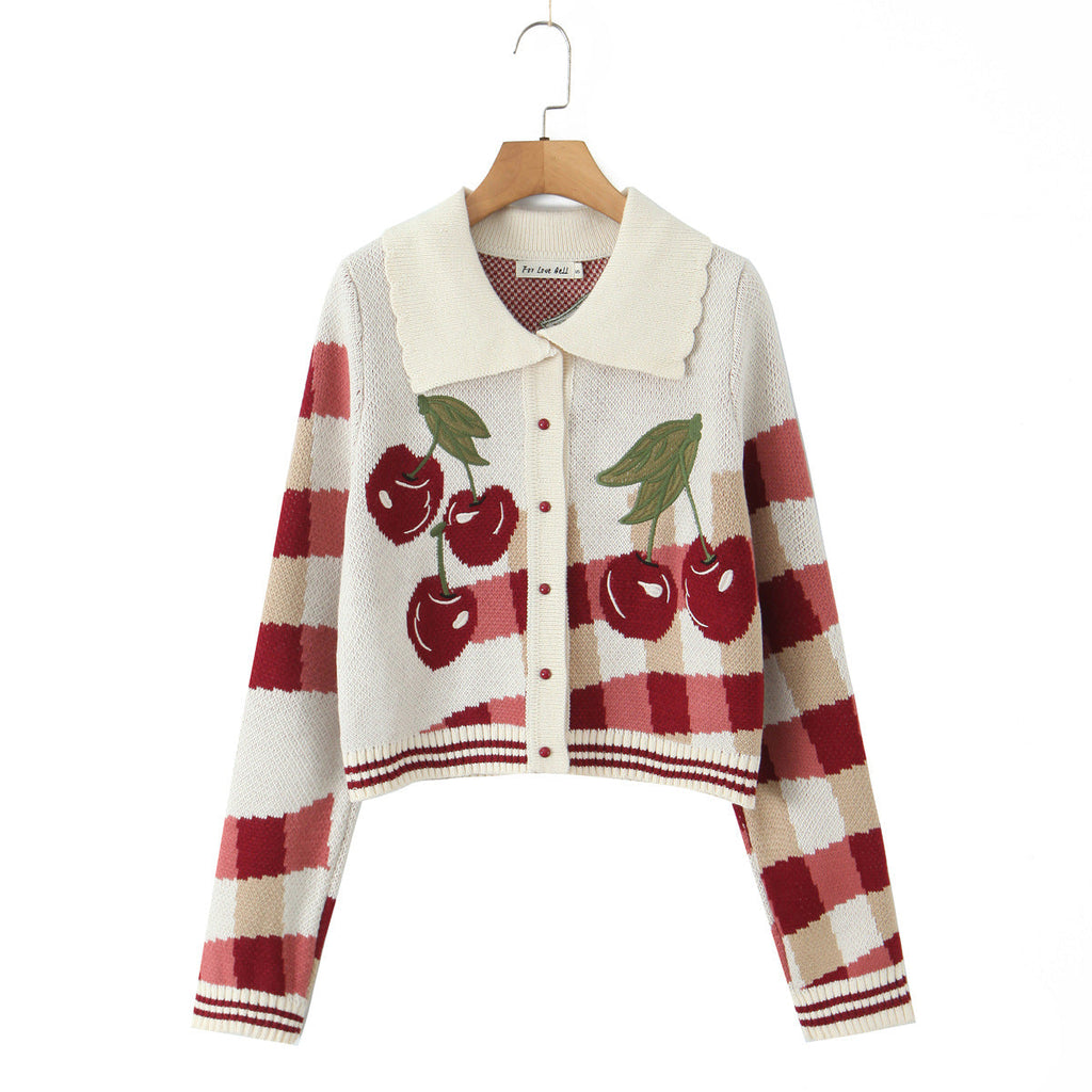 Women's Cropped Knitted Cardigan with Cherry Blossom Floral Pattern