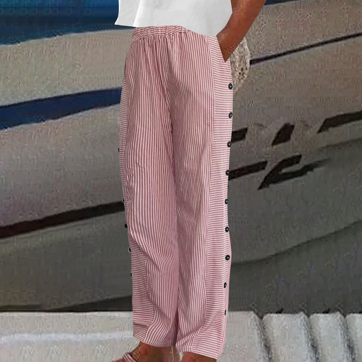 Women's Striped Button-Detail Relaxed Trousers